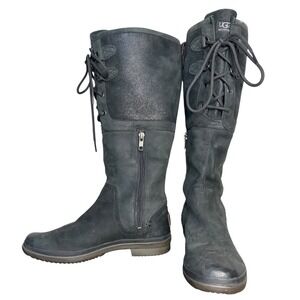 UGG Elsa Black Waterproof Leather Suede Tall Lace Up Side Zip Boots Women's Sz 8